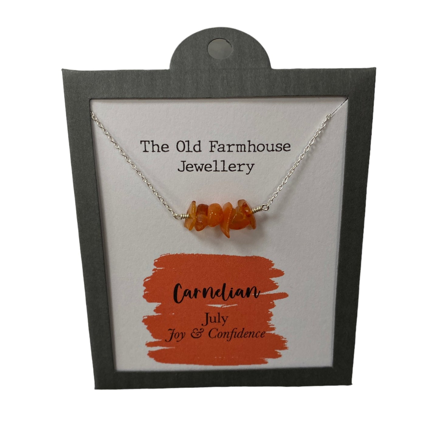 New 925 Silver & Carnelian Set July Birthstone 18" Necklace with the approximate weight 3.40 grams. The necklace contains approximately six or seven gemstones and the link width of the chain is 1mm. Carnelian is the birthstone for the month of July and is said to bring joy and confidence to the wearer