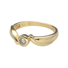 Load image into Gallery viewer, Preowned 9ct Yellow Gold &amp; Diamond Set Rubover Twist Ring in size L with the weight 1.90 grams. The diamond is approximately 10pt and approximate clarity I1 
