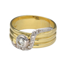 Load image into Gallery viewer, Preowned 18ct Yellow and White Gold &amp; Diamond Set Wide Band Ring in size O with the weight 6.10 grams. The ring has a diamond set in the center and a diamond set line going from the top of the band to the bottom containing six small diamonds. The center stone is approximately 25pt at appropriately clarity Si1 and colour K - M. The band is 7mm wide
