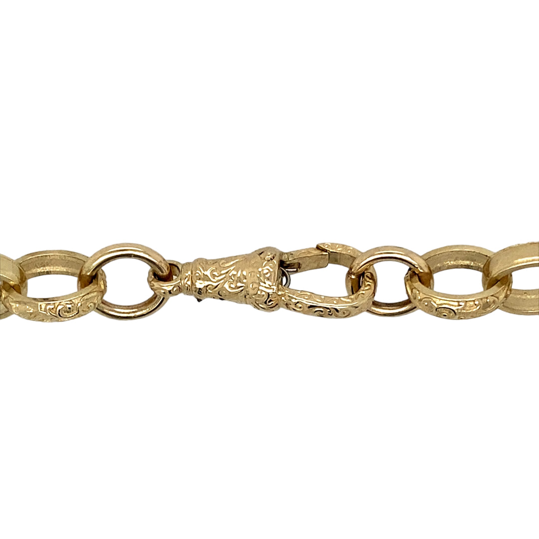 New 9ct Yellow Gold 26" Engraved Belcher Chain with the weight 64.70 grams. The link are 10mm width and are alternating in plain and patterned. The clasp is also patterned 