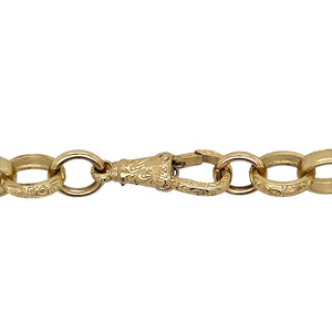 New 9ct Yellow Gold 26" Engraved Belcher Chain with the weight 64.70 grams. The link are 10mm width and are alternating in plain and patterned. The clasp is also patterned 