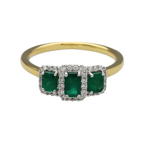 New 18ct Gold Diamond & Emerald Halo Trilogy Ring