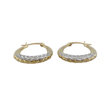 Load image into Gallery viewer, New 9ct Yellow and White Gold Two Colour Patterned Creole Earrings with the weight 1.50 grams. The white detail is on one side of the creoles
