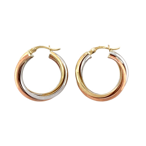 9ct Gold Three Colour Twisted Creole Earrings