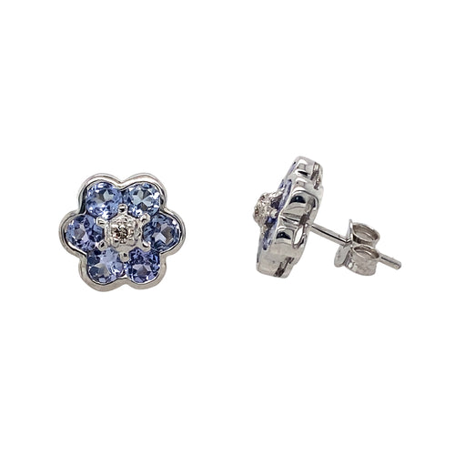 9ct White Gold Diamond & Tanzanite Flower Cluster Stud Earrings