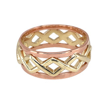 Load image into Gallery viewer, Preowned 9ct Yellow and Rose Gold Clogau Open Weave Band Ring in size P with the weight 4.50 grams. The band is 8mm wide
