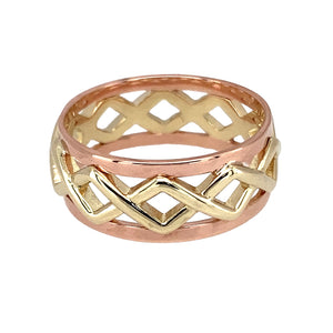 Preowned 9ct Yellow and Rose Gold Clogau Open Weave Band Ring in size P with the weight 4.50 grams. The band is 8mm wide