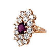 Load image into Gallery viewer, Preowned 9ct Rose Gold Pink Tourmaline &amp; Cubic Zirconia Set Dress Ring in size N with the weight 5.90 grams. The front of the ring is 2.6cm high and the pink tourmaline stone is 8mm by 6mm
