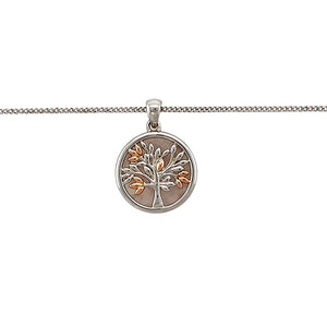 Preowned 925 Silver with 9ct Rose Gold Clogau Tree of Life Pendant on an adjustable Clogau silver 18"-20"-22" curb chain. The necklace has the weight 6.30 grams and the pendant is 2.5cm long including the bail