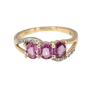 9ct Gold Diamond & Pink Sapphire Set Trilogy Ring