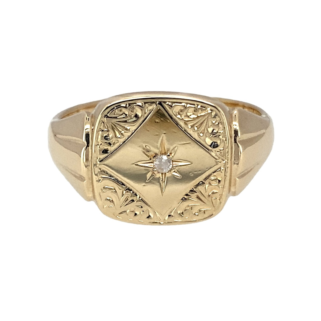 9ct Gold & Diamond Set Patterned Signet Ring