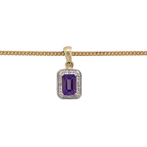 Preowned 9ct Yellow and White Gold Diamond & Amethyst Set Pendant on an 18" curb chain with the weight 4.80 grams. The pendant is 2cm long including the bail and the amethyst stone is 7mm by 5mm