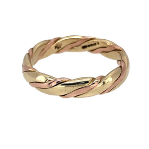 Preowned 9ct Yellow and Rose Gold Clogau Entwined Band Ring in size T with the weight 5.10 grams. The band is approximately 4.5mm wide 