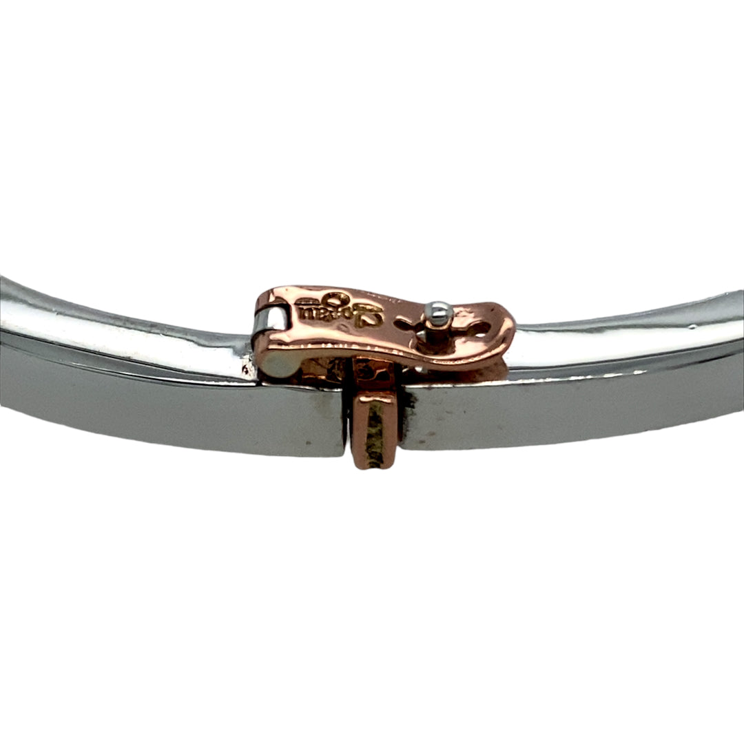 Preowned 925 Silver Clogau with 9ct Rose Gold Clogau Solid Square Bangle with the weight 35 grams. Cariad is engraved on one of the corners of the bangle. The bangle is diameter 6cm and width 4mm