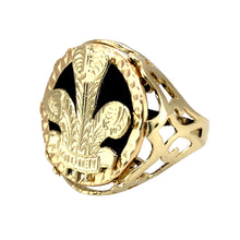 Load image into Gallery viewer, Preowned 9ct Yellow Gold &amp; Black Stone Three Feather Signet Ring in size R with the weight 5.40 grams. The front of the ring is 22mm high and the shoulders are an open style pattern
