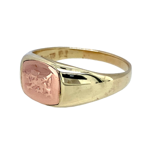Preowned 9ct Yellow and Rose Gold Welsh Dragon Clogau Signet Ring in size O with the weight 4.30 grams. The front of the ring is 8mm high