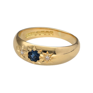 Preowned 18ct Yellow Gold Diamond & Sapphire Set Band Ring in size L with the weight 4.60 grams. The sapphire stone is 3mm diameter