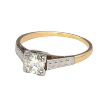 Load image into Gallery viewer, Preowned 18ct Yellow and White Gold &amp; Brilliant Cut Diamond Square Set Solitaire Ring in size O with the weight 2.60 grams. The diamond stone is approximately 76pt - 80pt with approximate clarity VS2 and colour M - R
