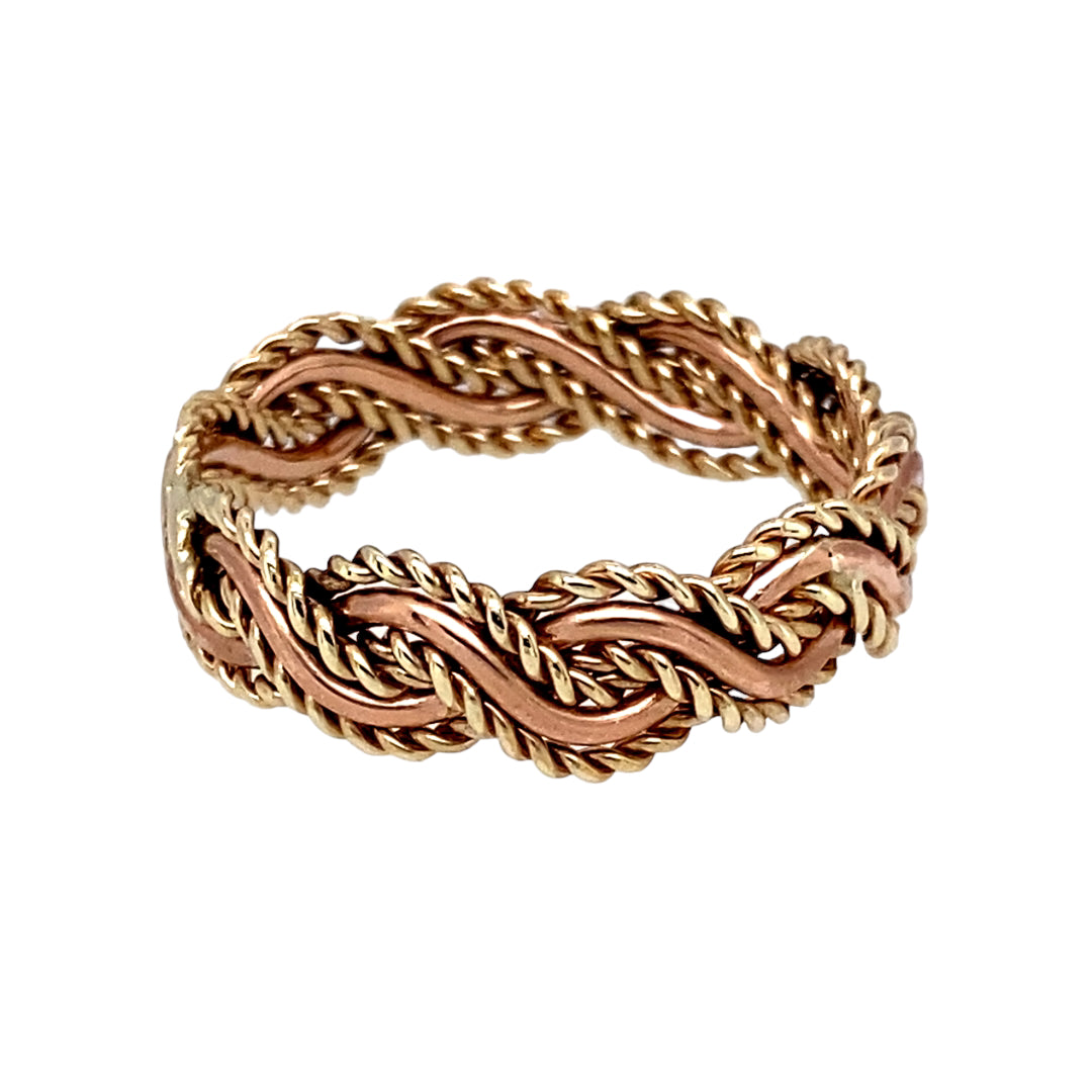 Preowned 9ct Yellow and Rose Gold Clogau Celtic Weave Twisted Band Ring in size O with the weight 2.70 grams. The band is 6mm wide