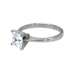 Preowned 14ct White Gold & Cubic Zirconia Princess Cut Solitaire Ring in size N with the weight 3.40 grams. The stone is approximately 1.24ct and is 6mm by 6mm