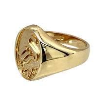 Load image into Gallery viewer, Preowned 9ct Yellow Gold Swansea Football Club Oval Signet Ring in size L with the weight 5.40 grams. The front of the ring is 15mm high
