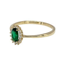 Load image into Gallery viewer, Preowned 9ct Yellow Gold Green Stone &amp; Cubic Zirconia Set Cluster Ring in size Q with the weight 1.20 grams. The green stone is 6mm by 4mm

