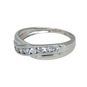 Preowned 9ct White Gold & Cubic Zirconia Set Crossover Band Ring in size K with the weight 1.50 grams. The front of the band is 3mm - 5mm wide