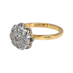Preowned 18ct Yellow and White Gold & Diamond Set Flower Cluster Ring in size M with the weight 3.20 grams. The front of the ring is 11mm high