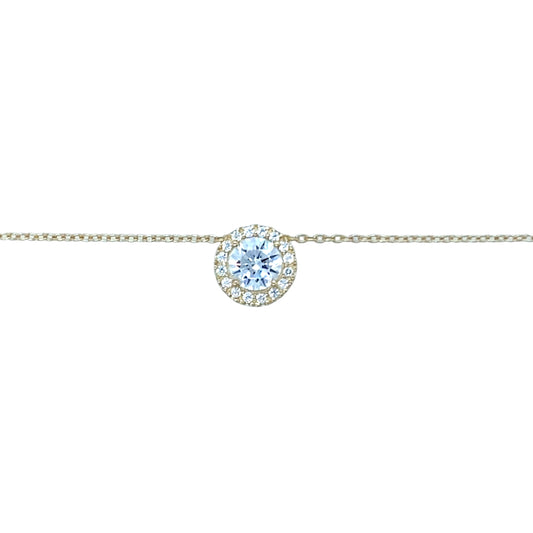 New 9ct Yellow Gold & Cubic Zirconia Set Halo Cluster Pendant on a 17" - 18" adjustable chain with the weight 1.50 grams. The pendant is 8mm diameter