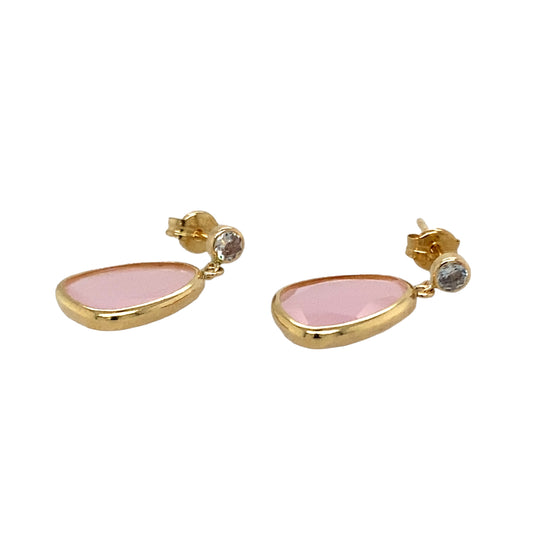 New 9ct Yellow Gold Cubic Zirconia & Pink Stone Set Drop Earrings with the weight 1.30 grams. The pink stones are each 11mm by 8mm and the cubic zirconia stones are each approximately 3mm diameter 