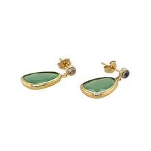 Load image into Gallery viewer, New 9ct Yellow Gold Cubic Zirconia &amp; Green Stone Set Drop Earrings with the weight 1.20 grams. The green stones are each 11mm by 8mm and the cubic zirconia stones are each approximately 3mm diameter 
