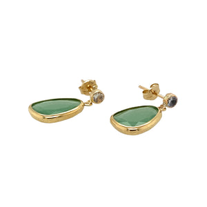 New 9ct Yellow Gold Cubic Zirconia & Green Stone Set Drop Earrings with the weight 1.20 grams. The green stones are each 11mm by 8mm and the cubic zirconia stones are each approximately 3mm diameter 