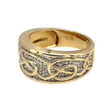 Load image into Gallery viewer, Preowned 9ct Yellow and White Gold &amp; Diamond Set Celtic Band Ring in size L to M with the weight 6.20 grams. The front of the ring is 9mm wide
