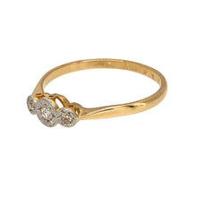 Load image into Gallery viewer, Preowned 18ct Yellow Gold &amp; Platinum Diamond Set Trilogy Ring in size O with the weight 1.90 grams. The diamonds are set in a starburst setting and the front of the ring is 4mm high
