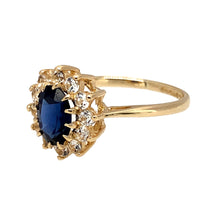 Load image into Gallery viewer, Preowned 9ct Yellow Gold Blue Stone &amp; Cubic Zirconia Set Cluster Ring in size K with the weight 1.80 grams. The sapphire coloured blue stone is 7mm by 5mm
