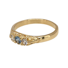 Load image into Gallery viewer, Preowned 9ct Yellow Gold Blue Stone &amp; Cubic Zirconia Set Antique Style Ring in size P with the weight 2.50 grams. The blue stone is 3mm diameter
