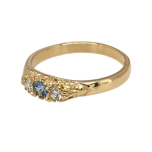 Preowned 9ct Yellow Gold Blue Stone & Cubic Zirconia Set Antique Style Ring in size P with the weight 2.50 grams. The blue stone is 3mm diameter