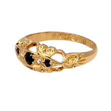Load image into Gallery viewer, Preowned 9ct Yellow Gold Sapphire &amp; Cubic Zirconia Set Antique Style Ring in size L with the weight 2.40 grams. The center sapphire stone is 3mm diameter and the ring has a Chester Hallmark
