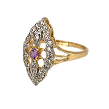 Load image into Gallery viewer, Preowned 18ct Yellow and White Gold Diamond &amp; Pink Sapphire Set Marquise Ring in size M with the weight 3.30 grams. The front of the ring is 21mm high and the sapphire stone is 3mm diameter
