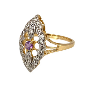 Preowned 18ct Yellow and White Gold Diamond & Pink Sapphire Set Marquise Ring in size M with the weight 3.30 grams. The front of the ring is 21mm high and the sapphire stone is 3mm diameter