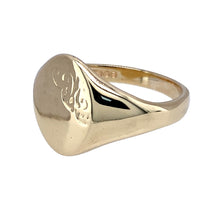 Load image into Gallery viewer, Preowned 9ct Yellow Gold Patterned Oval Signet Ring in size R with the weight 6 grams. The front of the ring is 14mm high

