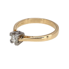 Load image into Gallery viewer, Preowned 9ct Yellow and White Gold &amp; Diamond Square Set Solitaire Ring in size M with the weight 2.20 grams. The brilliant cut diamond is approximately 25pt with approximate clarity Si2 and colour K - M
