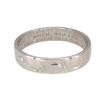 Load image into Gallery viewer, Preowned 9ct White Gold &amp; Diamond Set Footsteps in the sand Band Ring in size V to W with the weight 4.70 grams. The band is 5mm wide and there is an inscription in side the band saying &#39;He whispered &quot;my precious child, i love you and will never leave you... when you saw only one set of footprints it was then that i carried you&quot;&#39;
