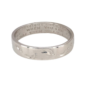 Preowned 9ct White Gold & Diamond Set Footsteps in the sand Band Ring in size V to W with the weight 4.70 grams. The band is 5mm wide and there is an inscription in side the band saying 'He whispered "my precious child, i love you and will never leave you... when you saw only one set of footprints it was then that i carried you"'