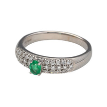 Load image into Gallery viewer, Preowned 18ct White Gold Diamond &amp; Emerald Set Ring in size Q with the weight 4 grams. The emerald coloured stone is stone is 5mm by 3mm
