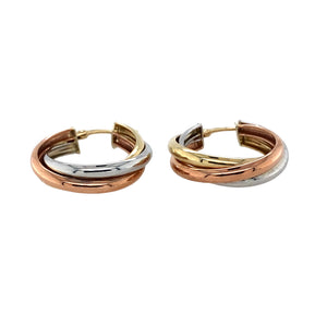 New 9ct Yellow, White and Rose Gold Three Colour Twisted Creole Earrings with the weight 2.90 grams