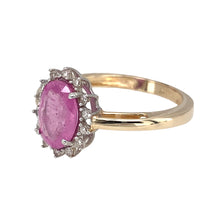 Load image into Gallery viewer, Preowned 9ct Yellow and White Gold Diamond &amp; Pink Stone Set Cluster Ring in size O with the weight 2.70 grams. The pink stone is 7mm by 5mm
