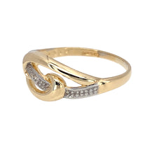 Load image into Gallery viewer, Preowned 9ct Yellow and White Gold &amp; Diamond Set Swirl Ring in size M with the weight 1.70 grams. The front of the ring is 8mm high
