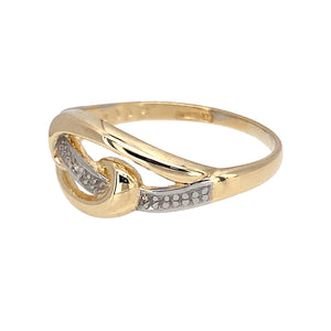 Preowned 9ct Yellow and White Gold & Diamond Set Swirl Ring in size M with the weight 1.70 grams. The front of the ring is 8mm high