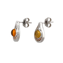 Load image into Gallery viewer, Preowned 925 Silver Clogau with 9ct Rose Gold Clogau &amp; Orange Stone Set Teardrop Stud Earrings with the weight 3.60 grams. The orange stones are each 6mm diameter and there are little cubic zirconia stones on the bottom
